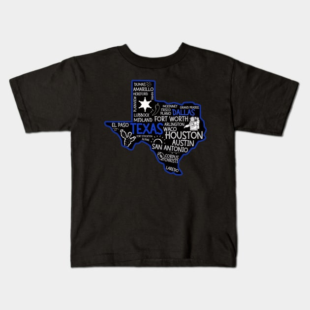 Dallas Texas cute map San Antonio Austin Fort Worth El Paso Dallas TX state Kids T-Shirt by BoogieCreates